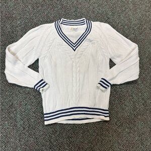 Vintage Pringle of Scotland White V-Neck Sweater with Navy Trim Size Medium